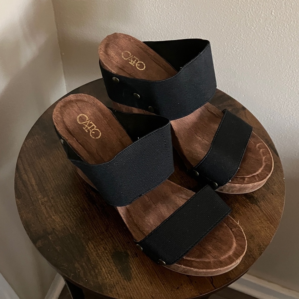 Cato Black Elastic Double-Strap Wedge Sandals